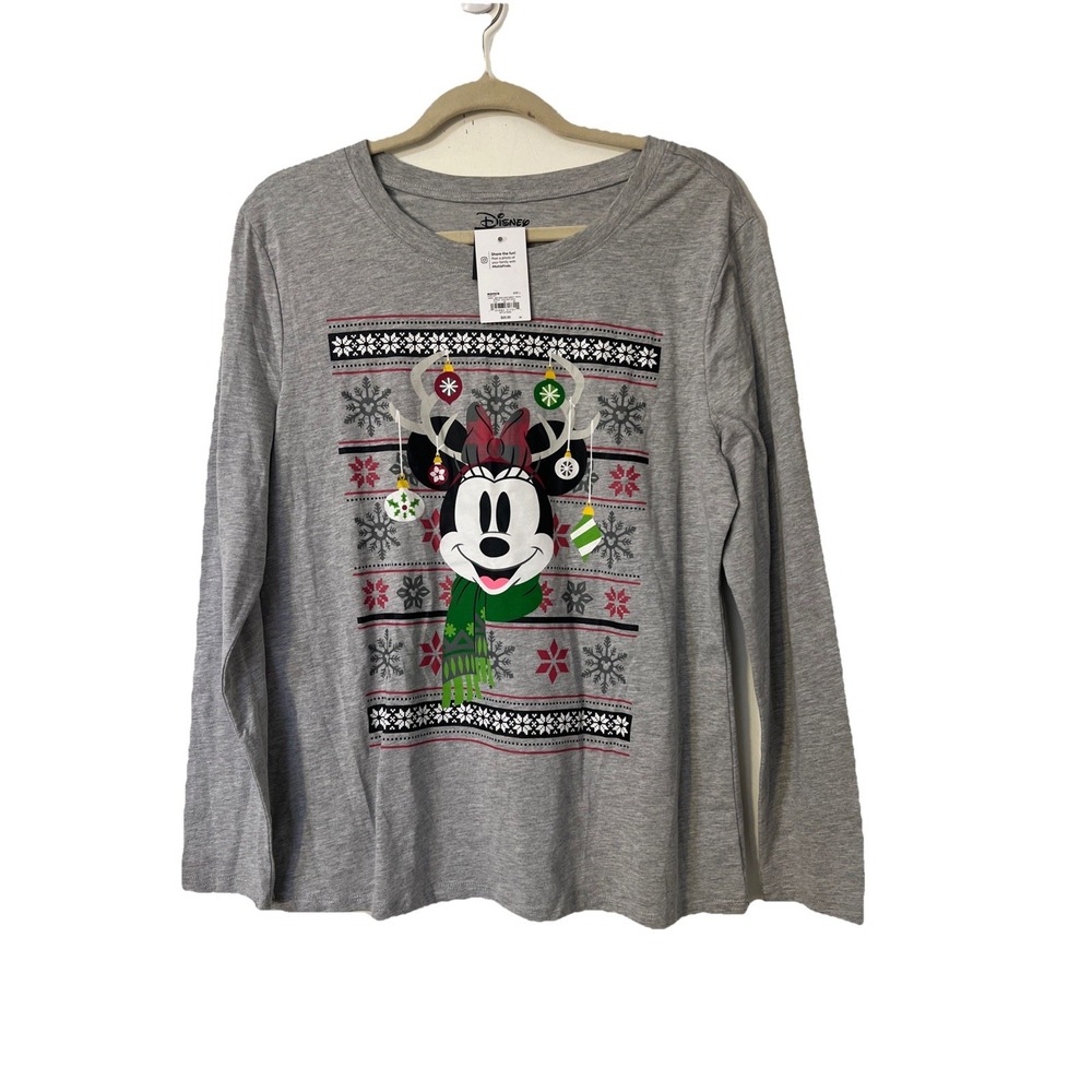 Disney Mickey Mouse Woman Sz L Gray Long Sleeve Christmas‎ Shirt Family Fun New